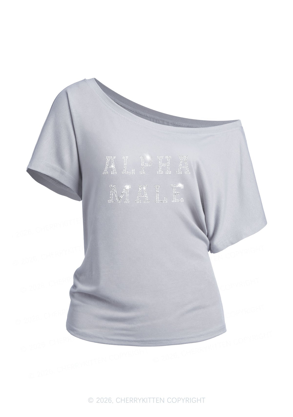 Rhinestone Alpha Male Y2K Off Shoulder Tee Cherrykitten