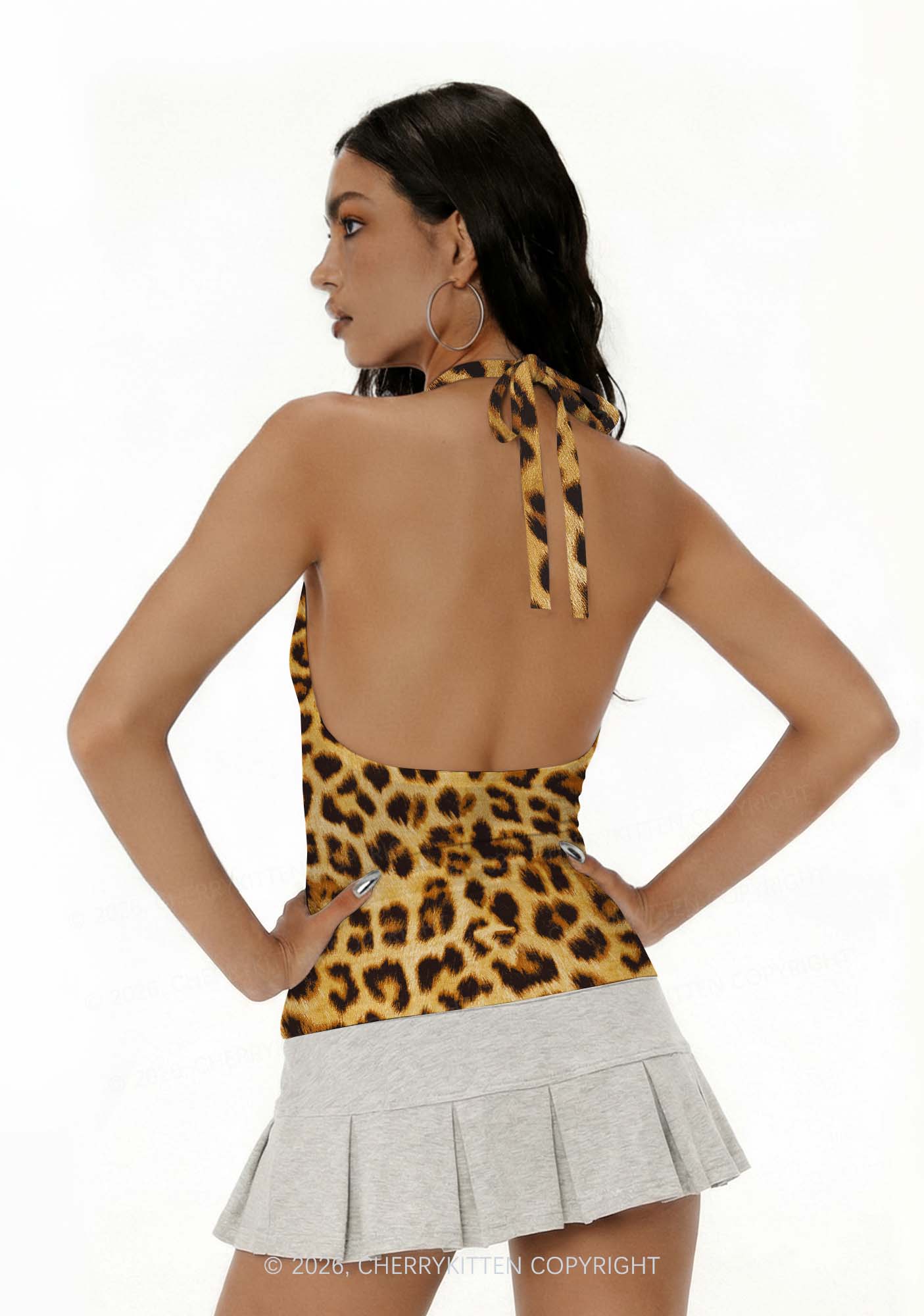 Brown Leopard Y2K Print Halter Deep V Neck Cami Cherrykitten