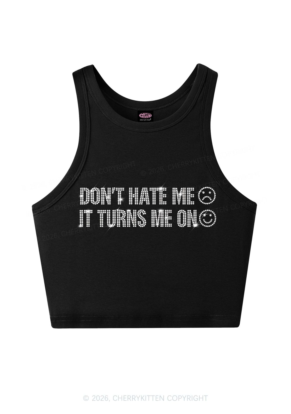 Rhinestone Dont Hate Me Y2K Crop Tank Top Cherrykitten