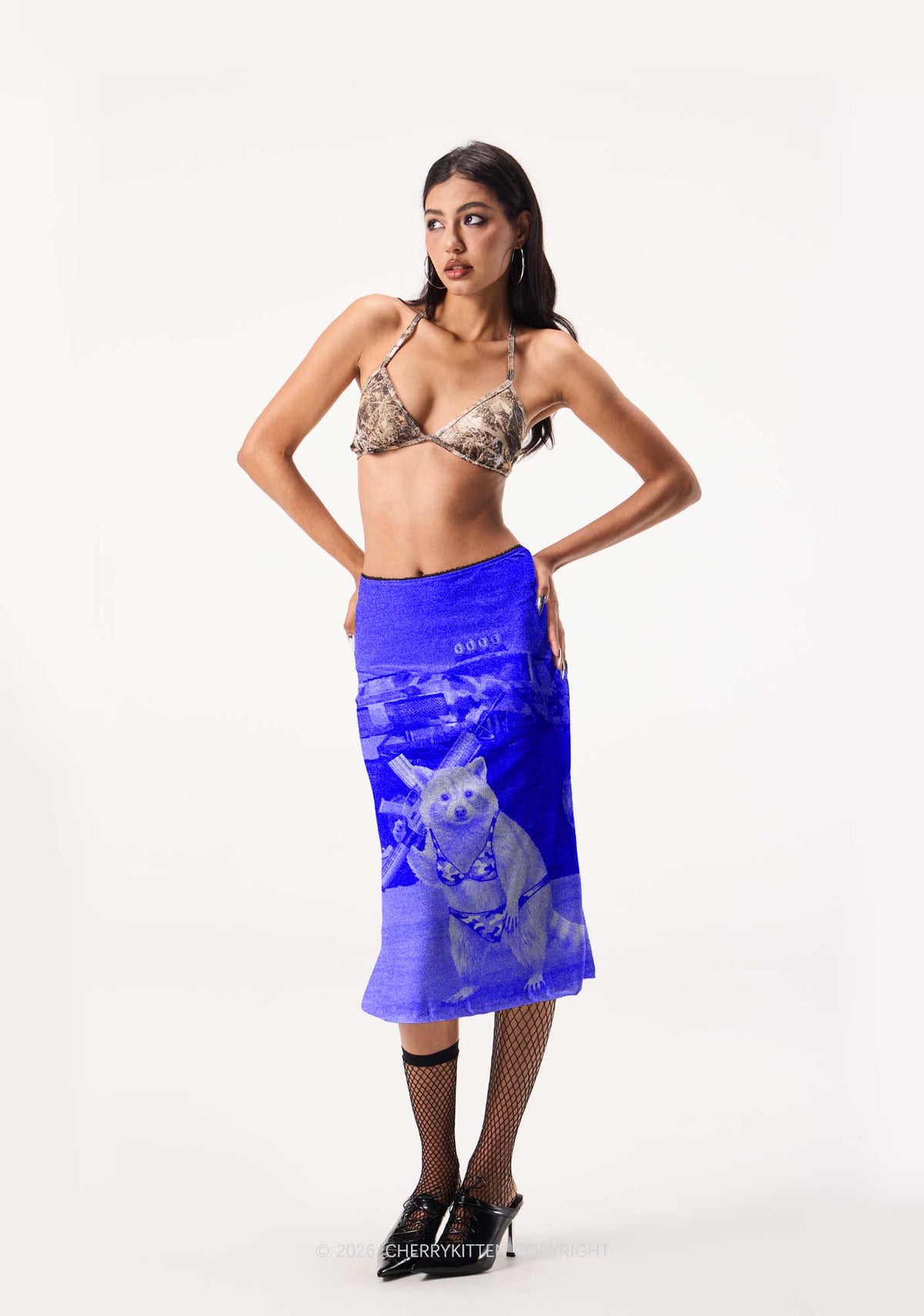 Blue Camouflage Bikini Raccoon Y2K Print Midi Skirt Cherrykitten