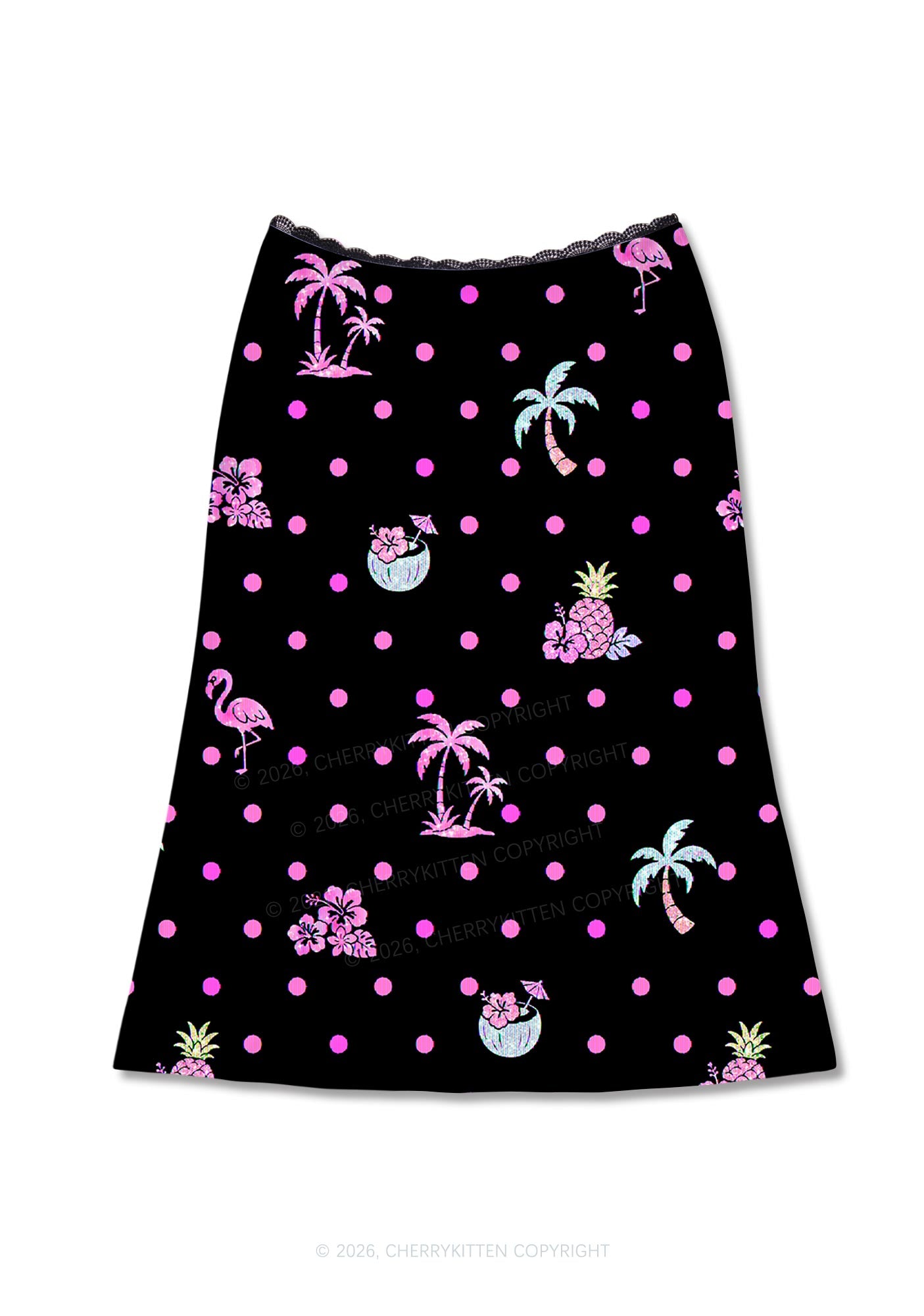 Pink Dots Palm Tree Y2K Print Midi Skirt Cherrykitten