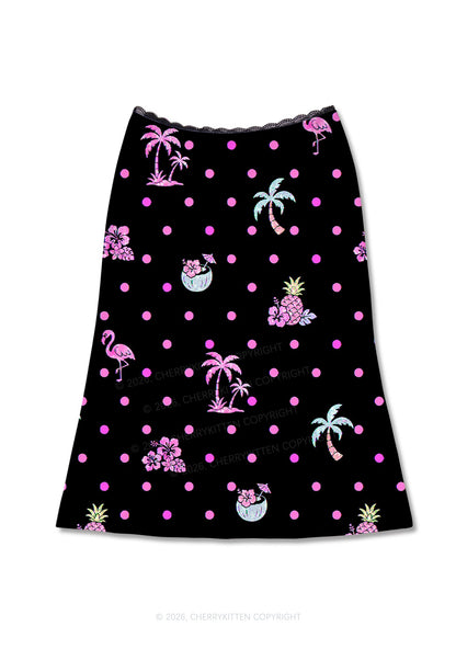 Pink Dots Palm Tree Y2K Print Midi Skirt Cherrykitten