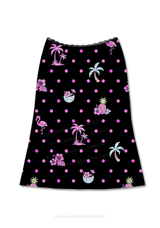Pink Dots Palm Tree Y2K Print Midi Skirt Cherrykitten