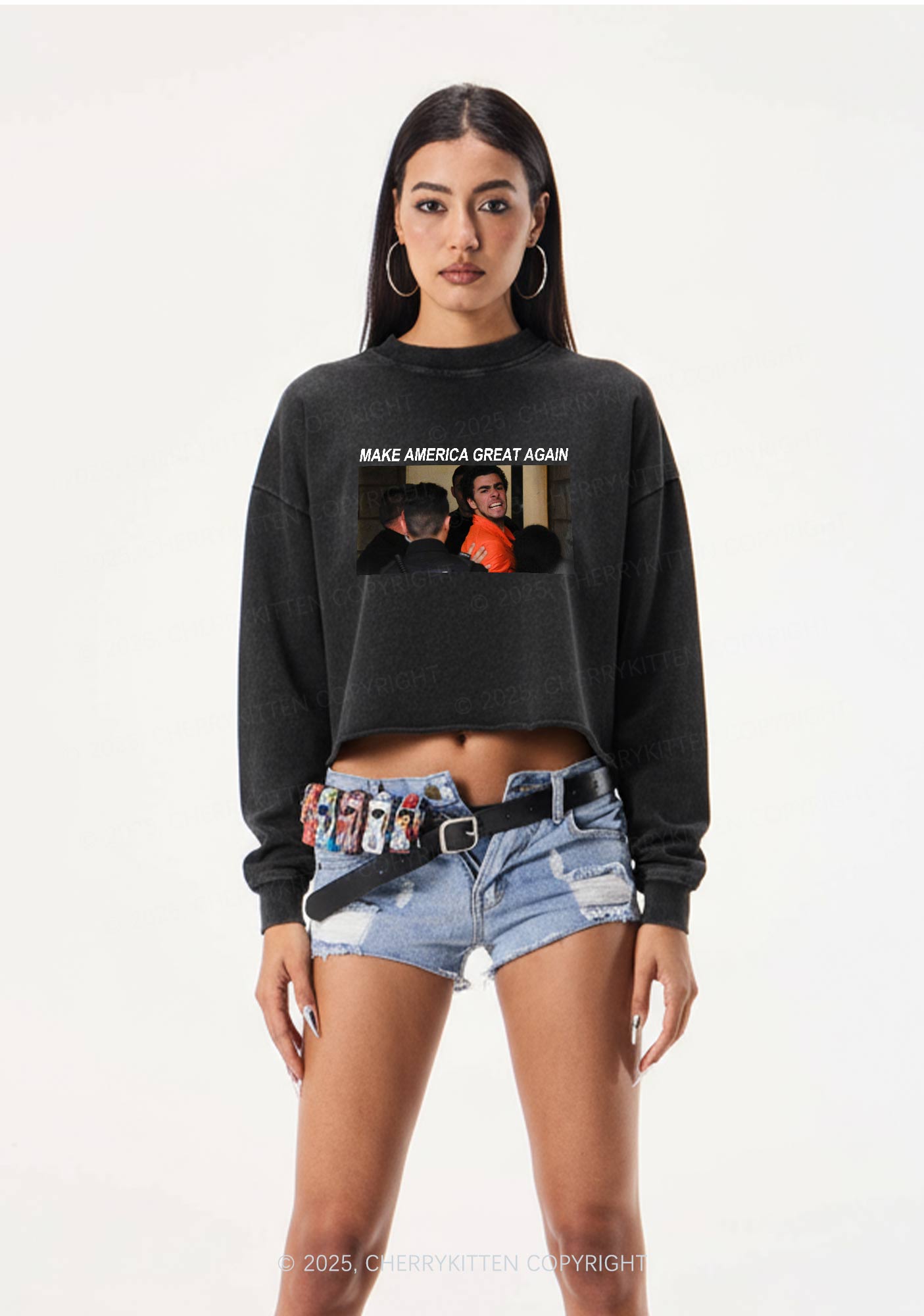 Luigi Yelling Y2K Crop Washed Sweatshirts Cherrykitten