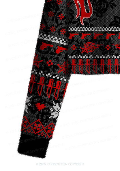 Red Punk Faggot Pride Y2K Christmas Crop Knit Sweatshirt Cherrykitten