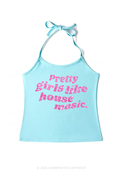 Glitter Pretty Girls Like House Music Y2K Halter Neck Cami Cherrykitten