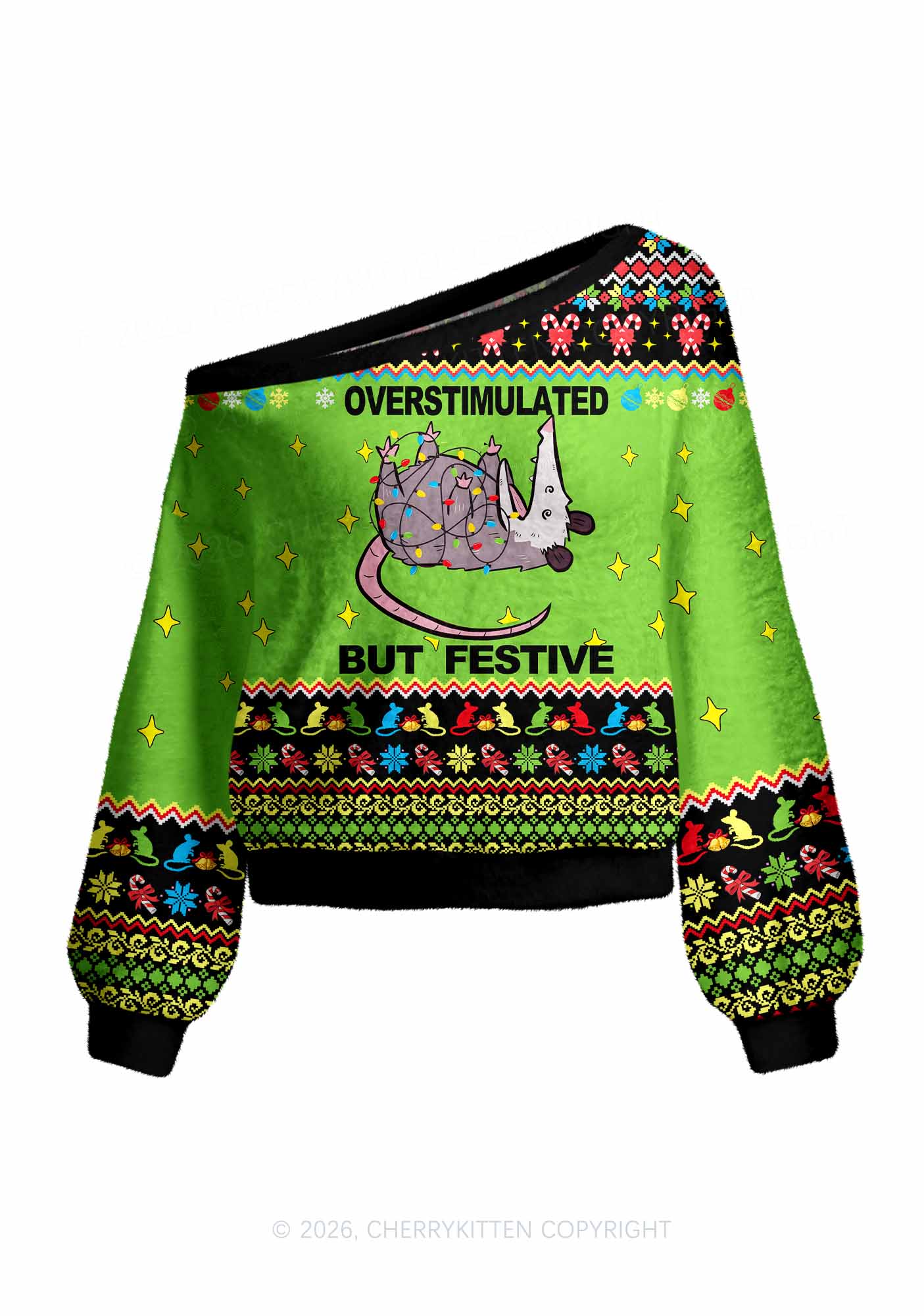 Overstimulated But Festive Y2K Off Shoulder Knit Sweatshirt Cherrykitten