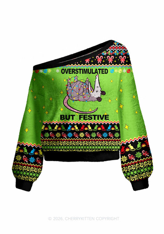 Overstimulated But Festive Y2K Off Shoulder Knit Sweatshirt Cherrykitten