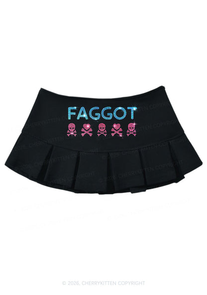Rhinestone Faggot Skull Pride Y2K Mini Pleated Skirts Cherrykitten