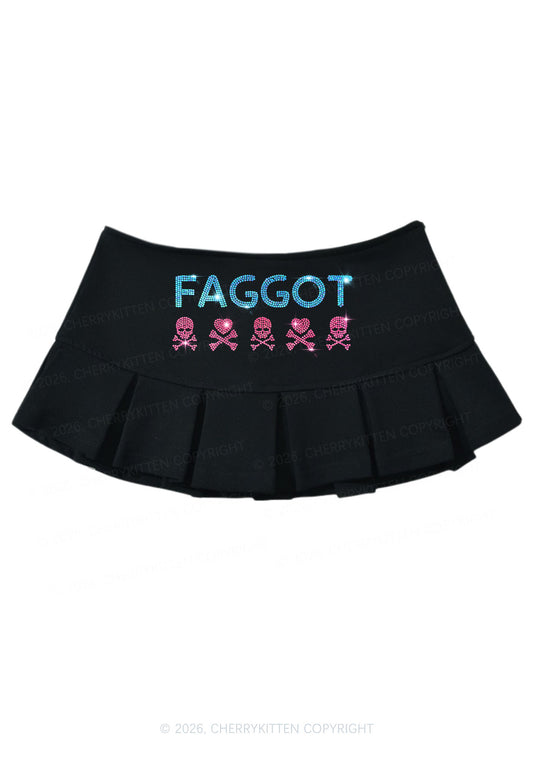 Rhinestone Faggot Skull Pride Y2K Mini Pleated Skirts Cherrykitten