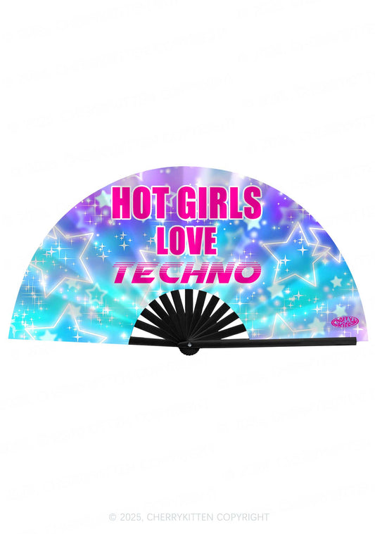 Hot Girls Love Techno Star Y2K Rave Hand Fan Cherrykitten