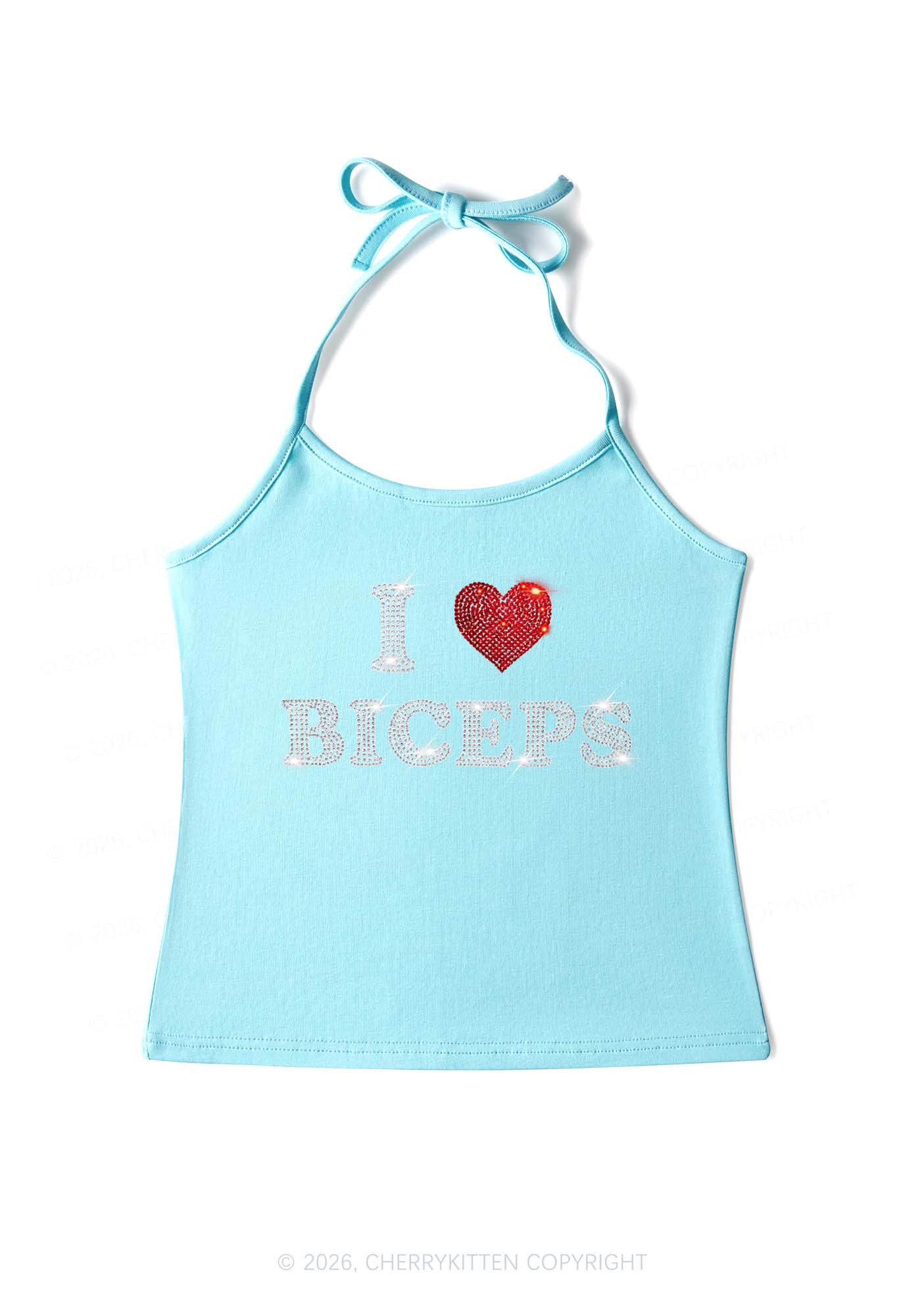 Rhinestone I Love Biceps Y2K Halter Neck Cami Cherrykitten