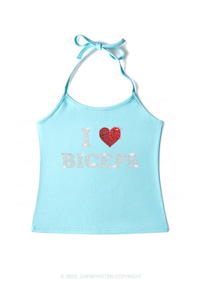 Rhinestone I Love Biceps Y2K Halter Neck Cami Cherrykitten