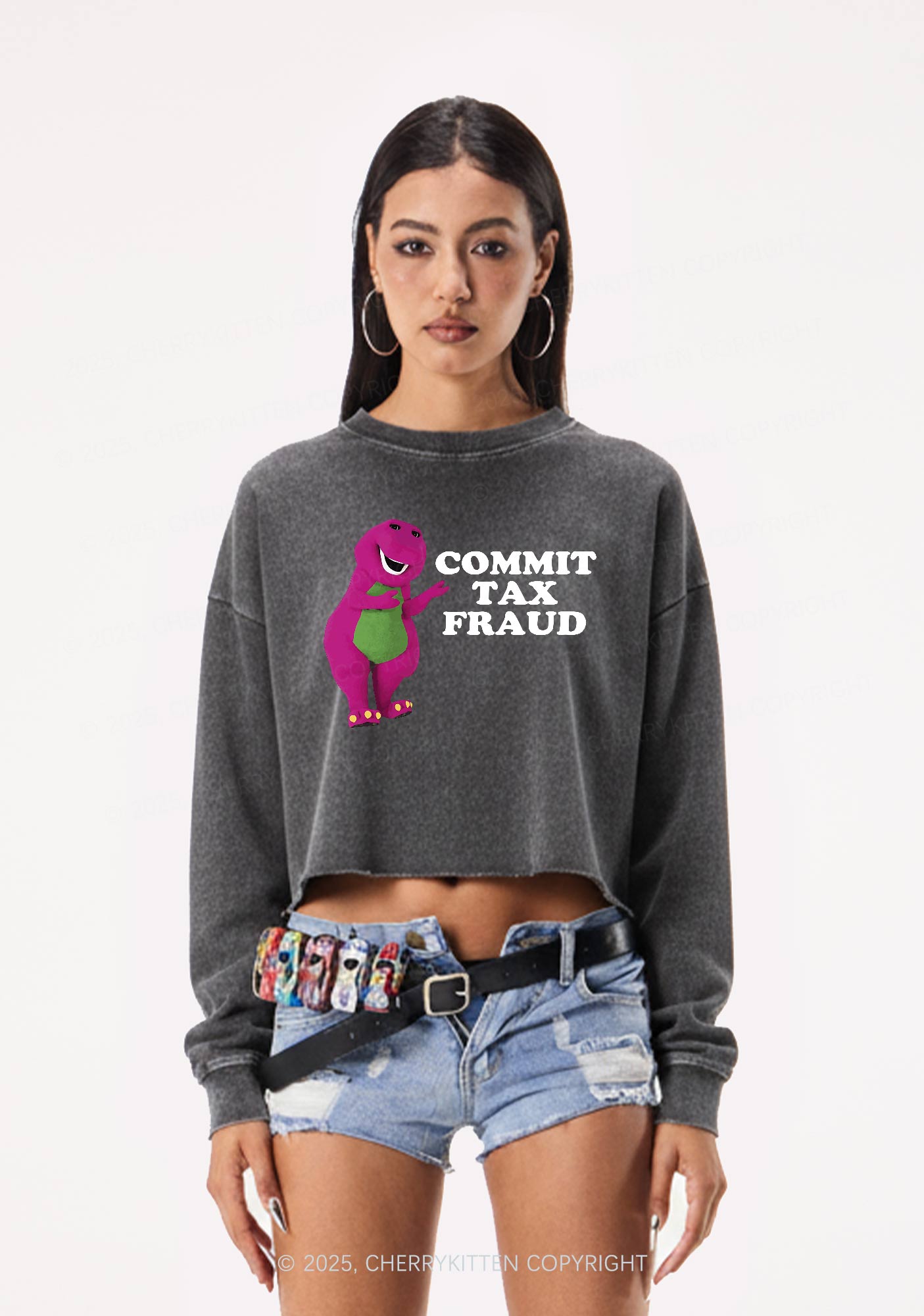 Commit Tax Fraud Y2K Crop Washed Sweatshirts Cherrykitten
