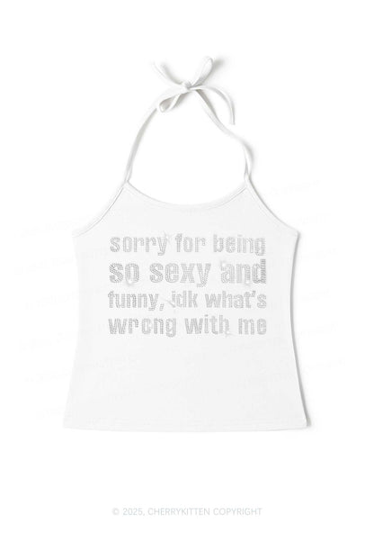 Rhinestone Sorry For Being So Funny Y2K Halter Neck Cami Cherrykitten