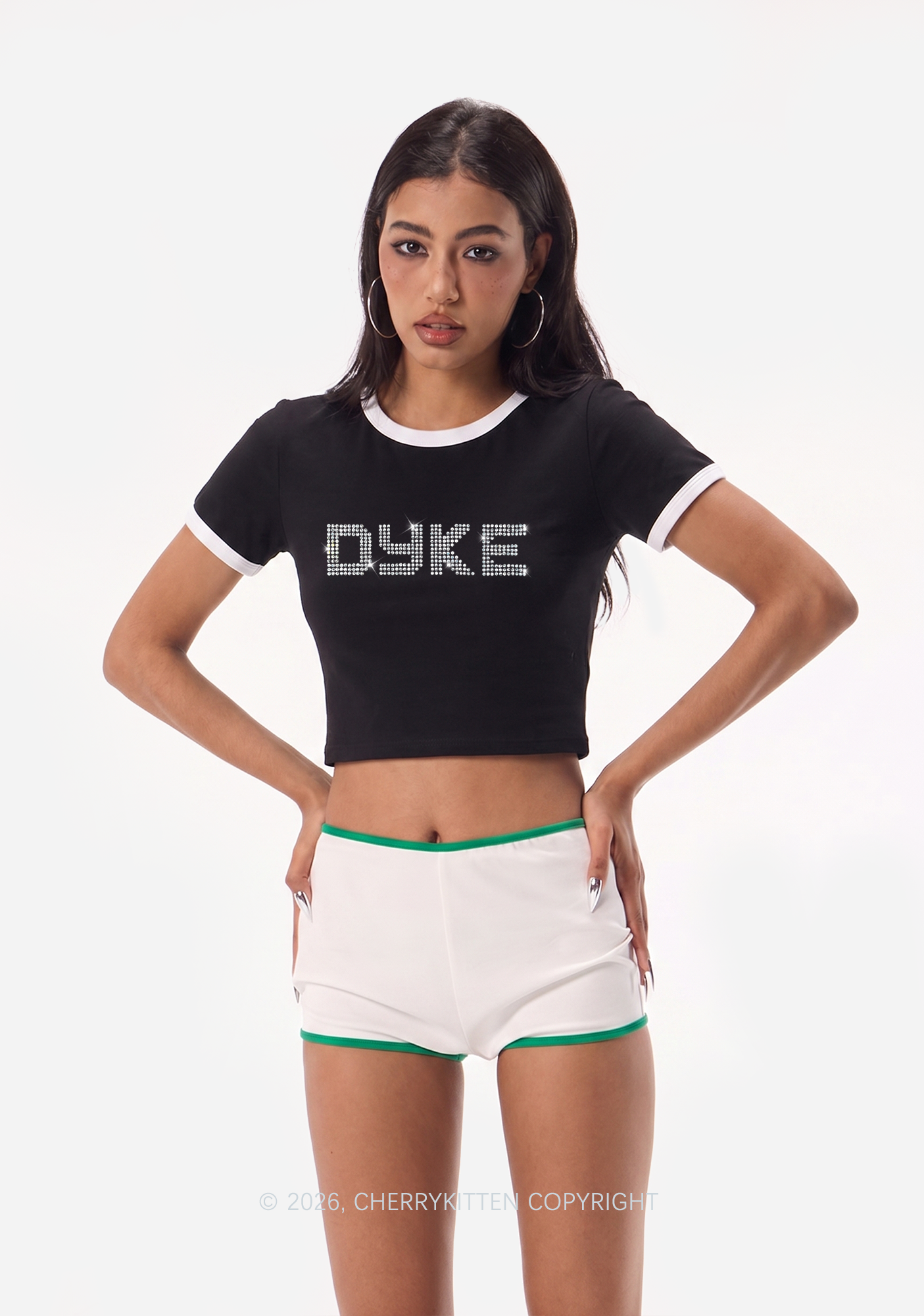 Rhinestone Dyke Pride Y2K Ringer Tee Cherrykitten