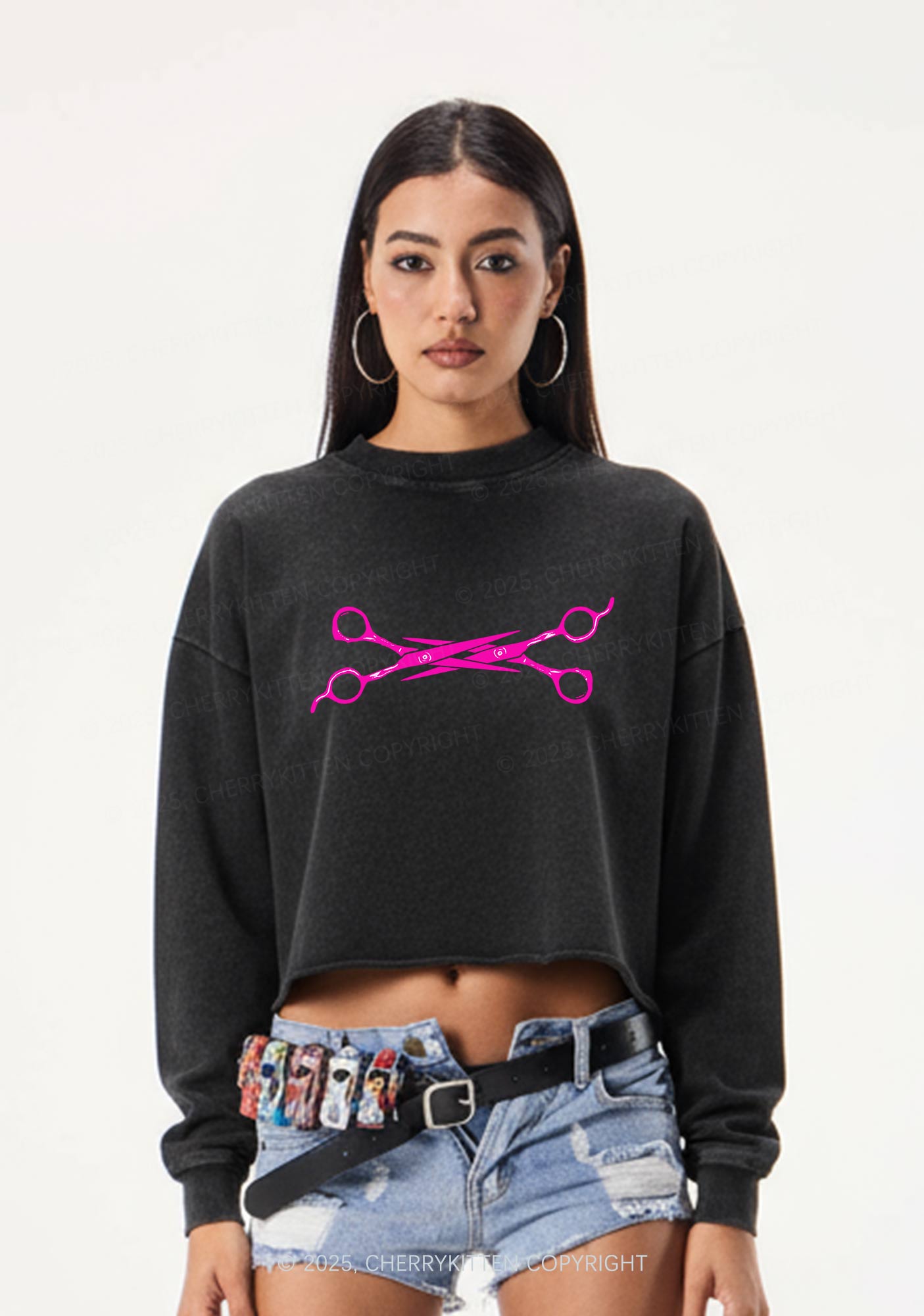 Pink Scissor Pride Y2K Crop Washed Sweatshirts Cherrykitten
