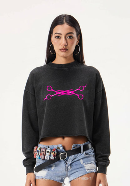 Pink Scissor Pride Y2K Crop Washed Sweatshirts Cherrykitten