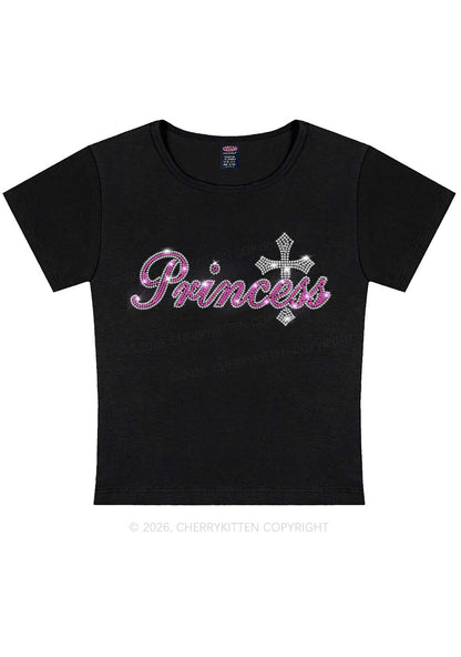 Rhinestone Princess Cross Y2K Baby Tee Cherrykitten