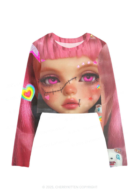 Pink Doll Y2K Mesh Long Sleeve Crop Top Cherrykitten