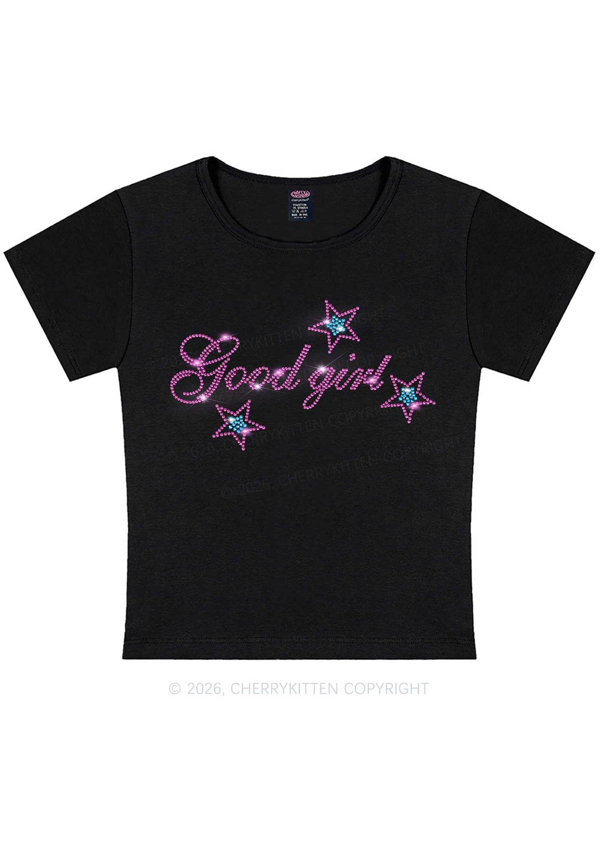 Rhinestone Good Girl Pink Star Y2K Baby Tee Cherrykitten