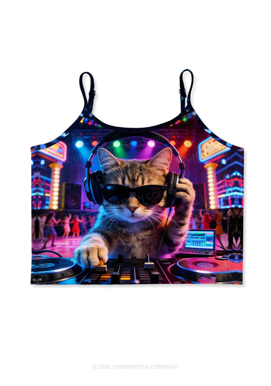 DJ Cat Rave Y2K Print Cami Crop Top Cherrykitten