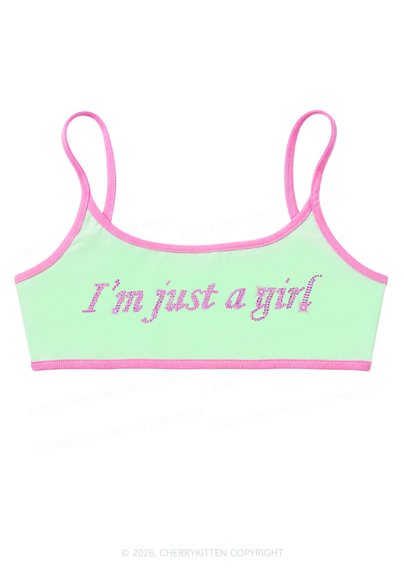 Rhinestone Im Just A Girl Y2K Super Crop Cami Cherrykitten