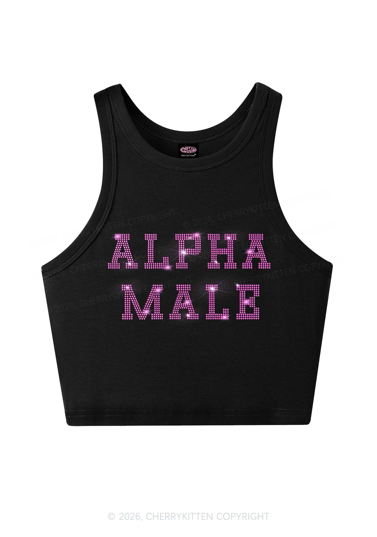 Rhinestone Pink Alpha Male Y2K Crop Tank Top Cherrykitten