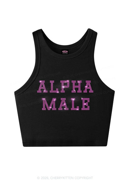Rhinestone Pink Alpha Male Y2K Crop Tank Top Cherrykitten