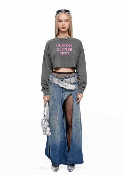 Custom Text Glitter Y2K Crop Washed Sweatshirts Cherrykitten