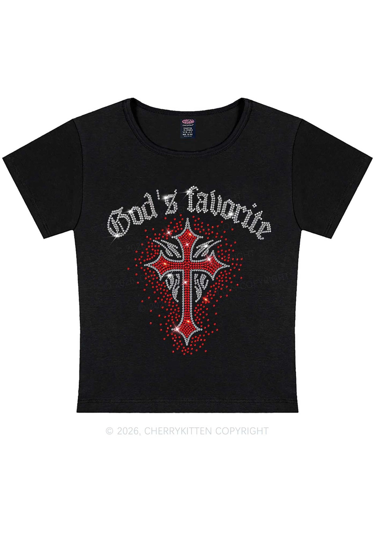 Rhinestone Gods Favorite Cross Y2K Baby Tee Cherrykitten