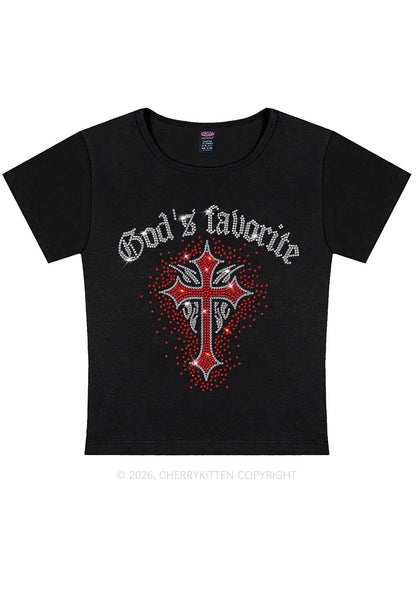 Rhinestone Gods Favorite Cross Y2K Baby Tee Cherrykitten