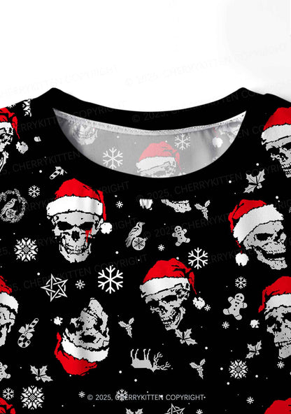 Skull Santa Y2K Print Long Sleeve Pajama Set Cherrykitten