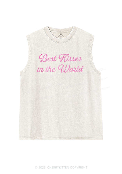 Glitter Best Kisser In The World Y2K Washed Muscle Tank Cherrykitten