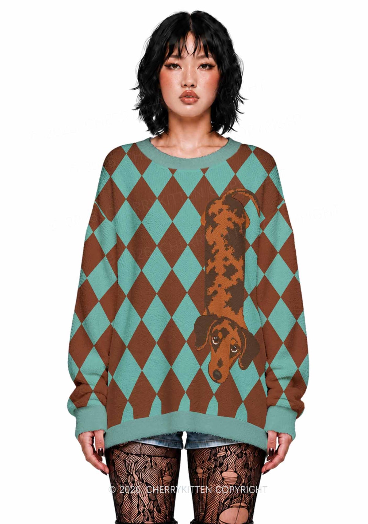 Plaid Dachshund Y2K Knit Sweatshirt Cherrykitten