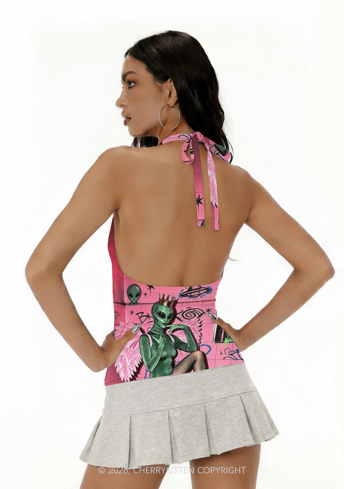 Alien Angel Graffiti Wall Y2K Print Halter Deep V Neck Cami Cherrykitten