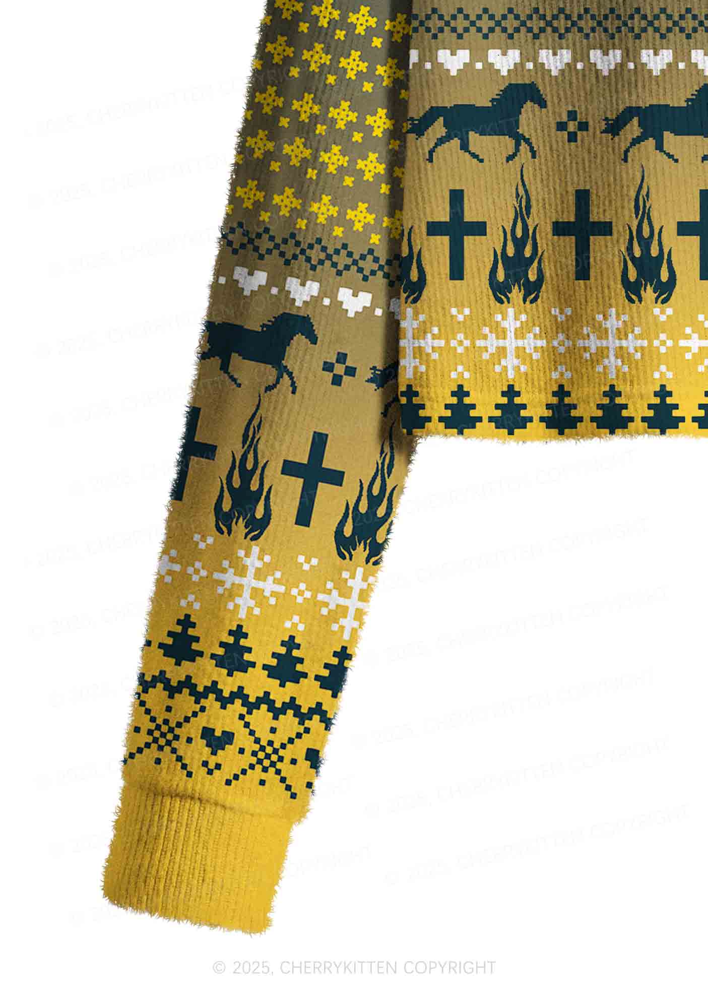 Yellow K Pony Y2K Christmas Crop Knit Sweatshirt Cherrykitten