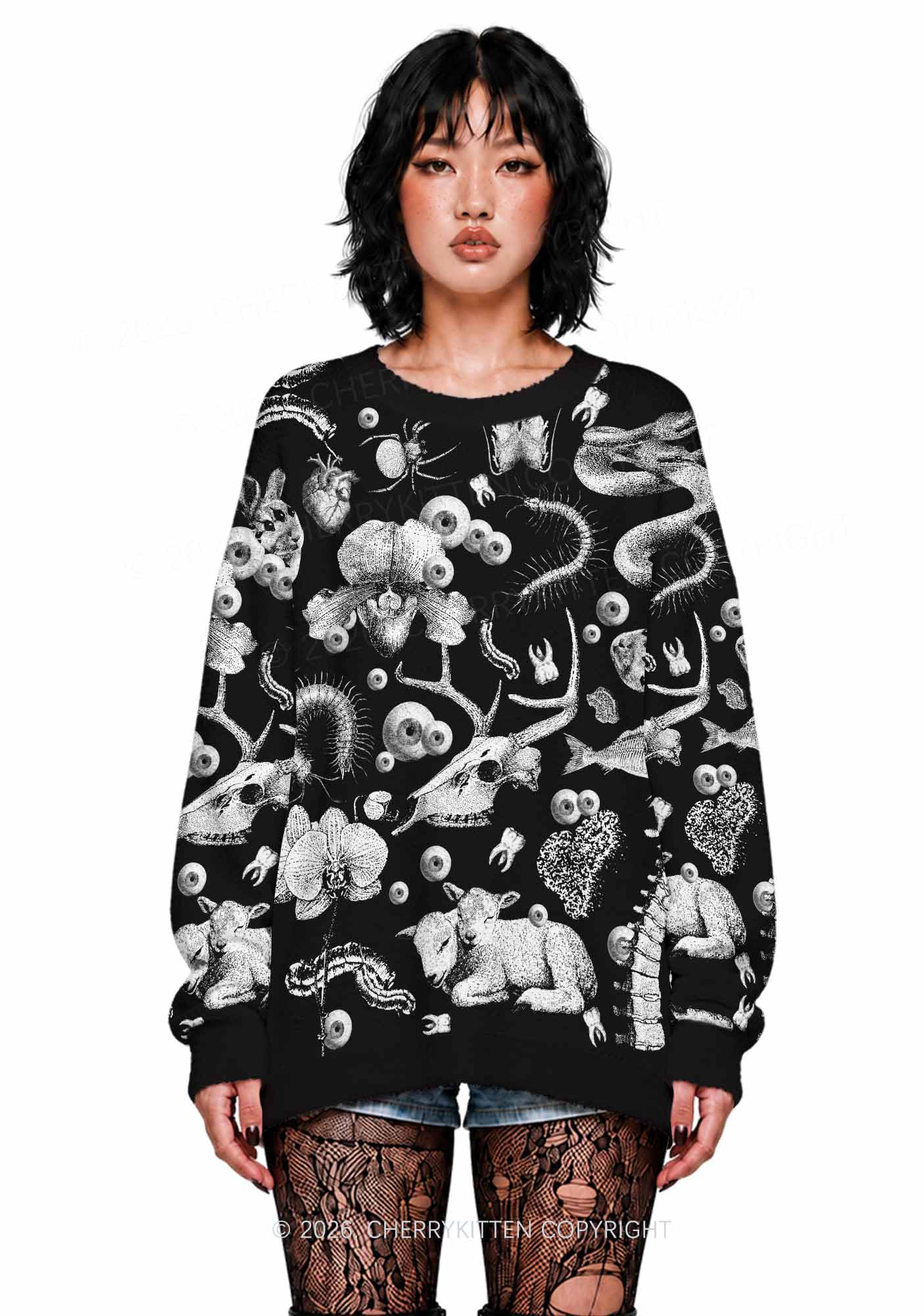 Halloween Dark Sheep Bone Y2K Knit Sweatshirt Cherrykitten