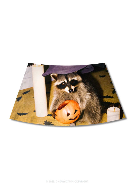 Halloween Witch Hat Raccoon Y2K Print Mini Skirt Cherrykitten