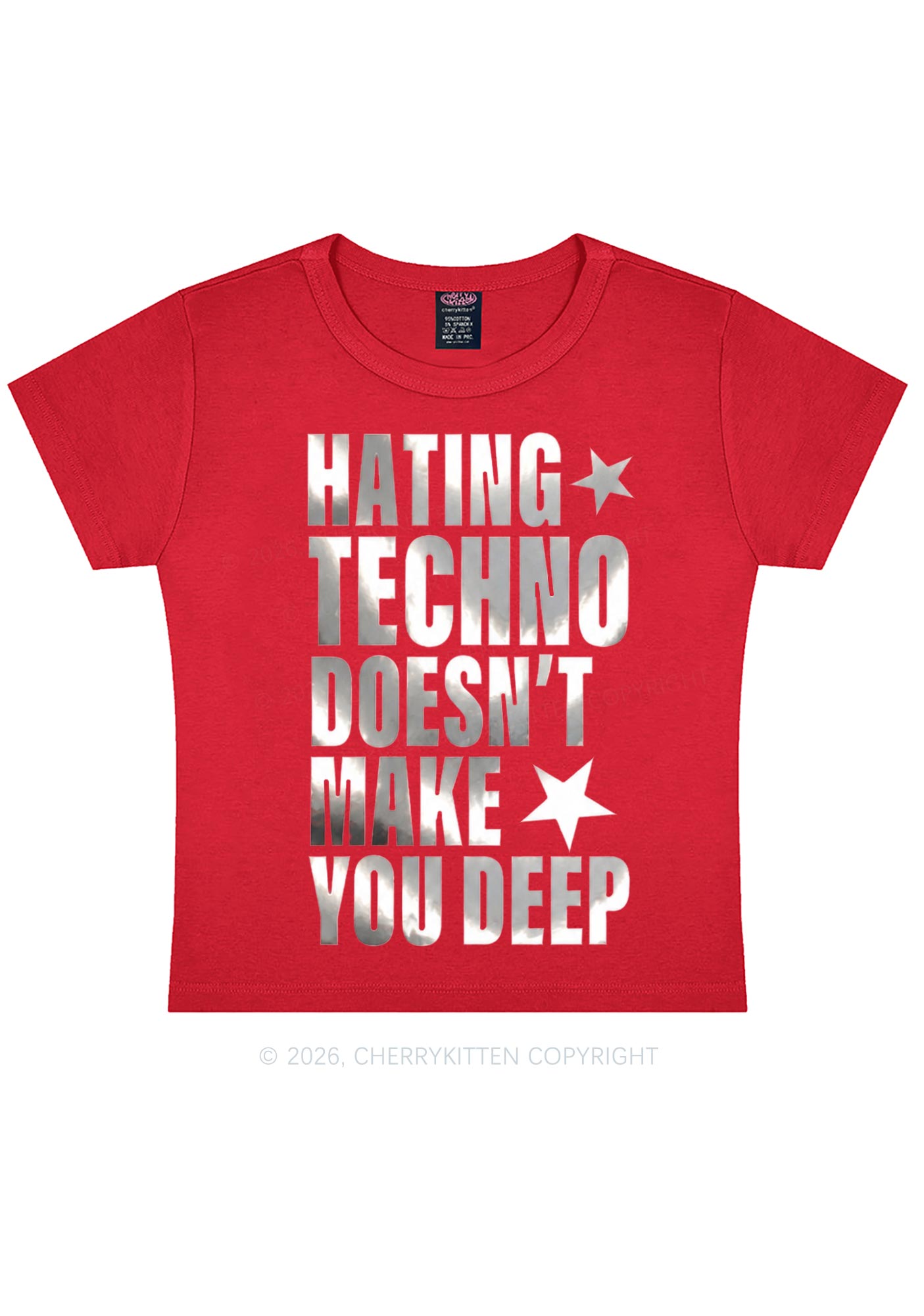 Hating Techno Silver Foil Printed Y2K Baby Tee Cherrykitten