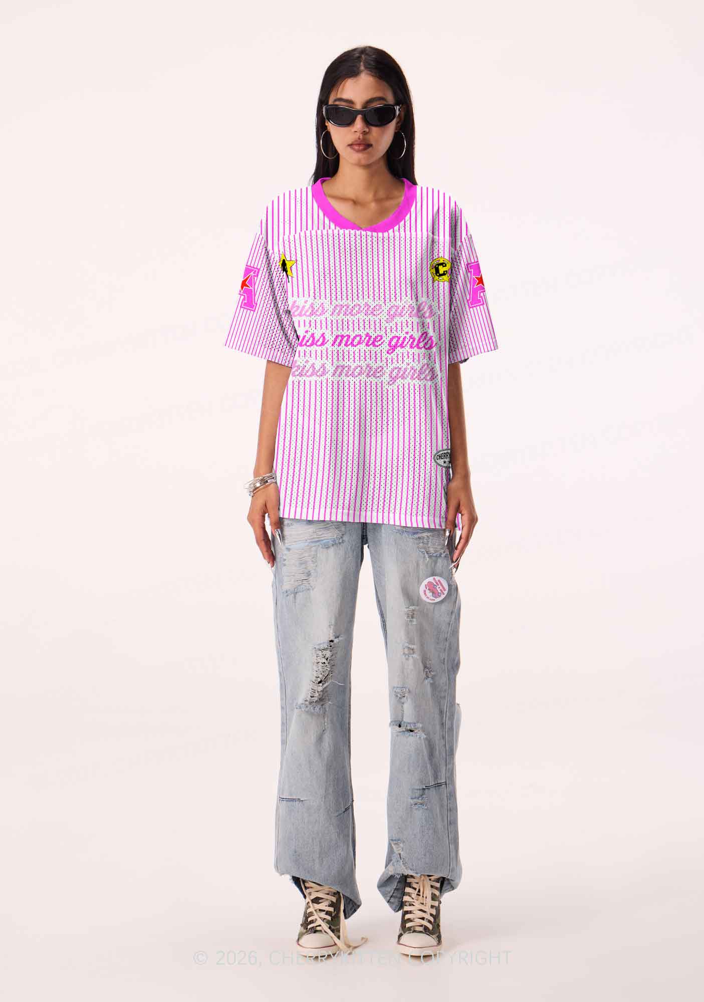 Kiss More Girls Pink Stripes Pride Y2K Sport Jersey Shirts Cherrykitten