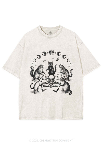 Halloween Cats Moon Phase Skull Y2K Shirts Washed Tee Cherrykitten