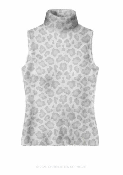 Light Grey Leopard Y2K Knit Turtleneck Tank Top Cherrykitten