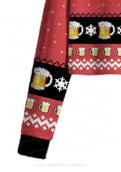 Support Day Drinking Y2K Christmas Crop Knit Sweatshirt Cherrykitten