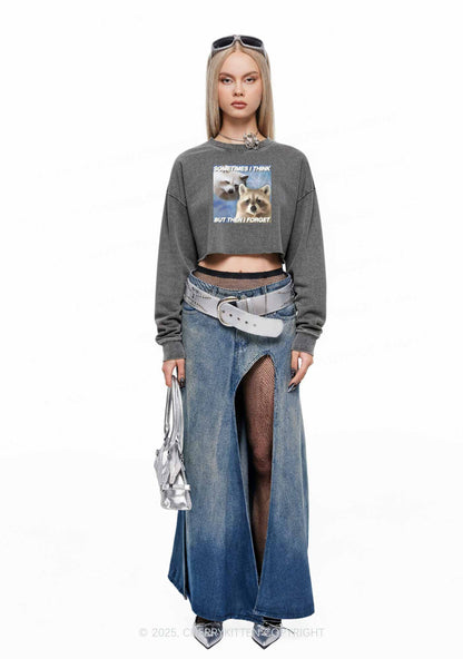 Raccoon Sometimes Think Y2K Crop Washed Sweatshirts Cherrykitten