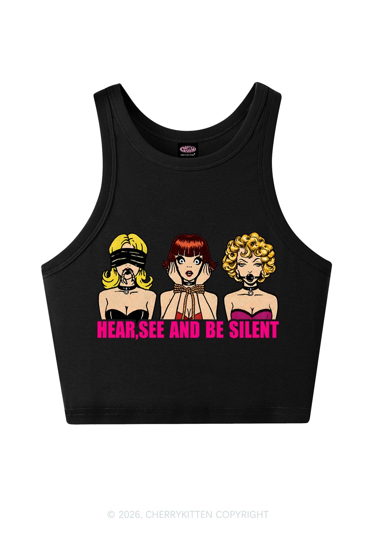 Hear See Be Silent Y2K Crop Tank Top Cherrykitten