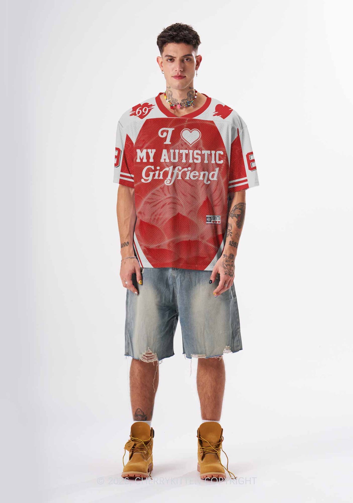 Red I Love My Autistic GF Y2K Sport Jersey Shirts Cherrykitten
