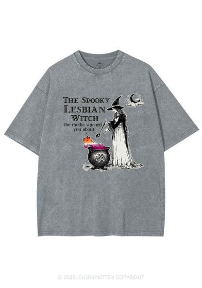 The Spooky Lesbian Witch Y2K Shirts Washed Tee Cherrykitten