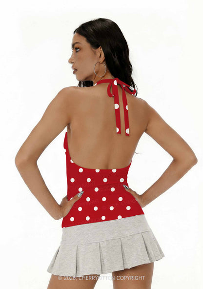 Classic Red Dots Y2K Print Halter Deep V Neck Cami Cherrykitten