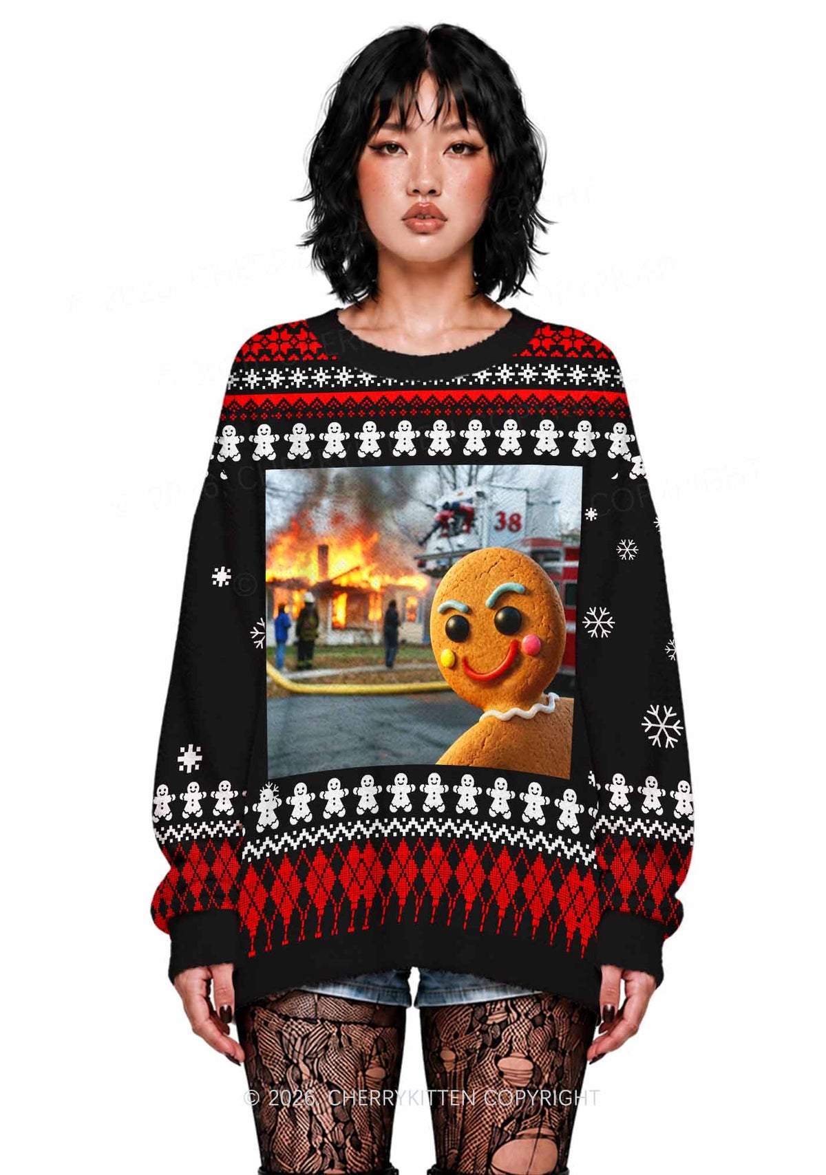 Gingerbread Man Burning House Y2K Knit Sweatshirt Cherrykitten
